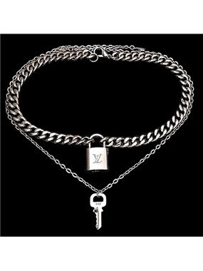 Louis Vuitton Two-Tier Silver Padlock and Key Necklace